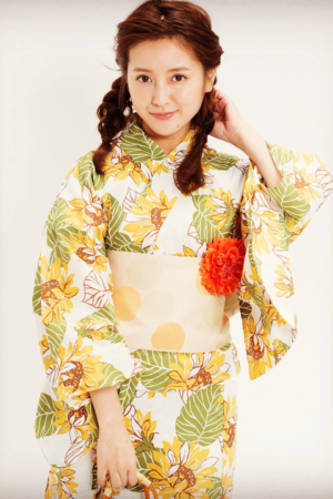 白×黄色×緑 ひまわり柄 レトロクラシック浴衣7点セット | YUKATA 