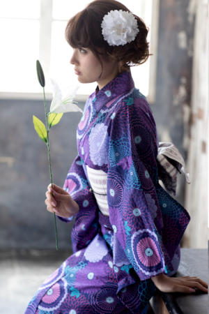 紫×ラベンダー 妖艶パープルとピンポンマム 艶やか浴衣7点セット